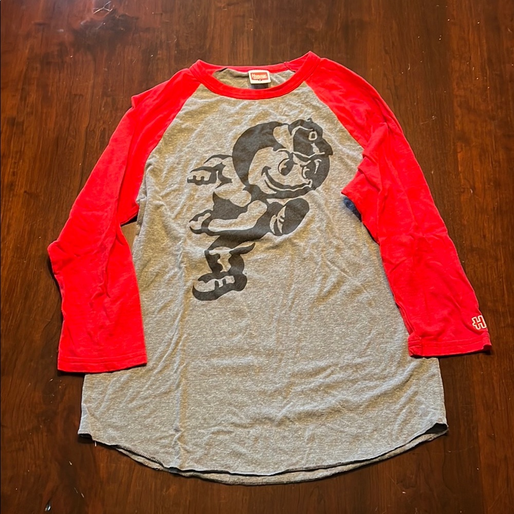 HOMAGE Red and Gray Raglan Tee small Brutus Buckeye Ohio State